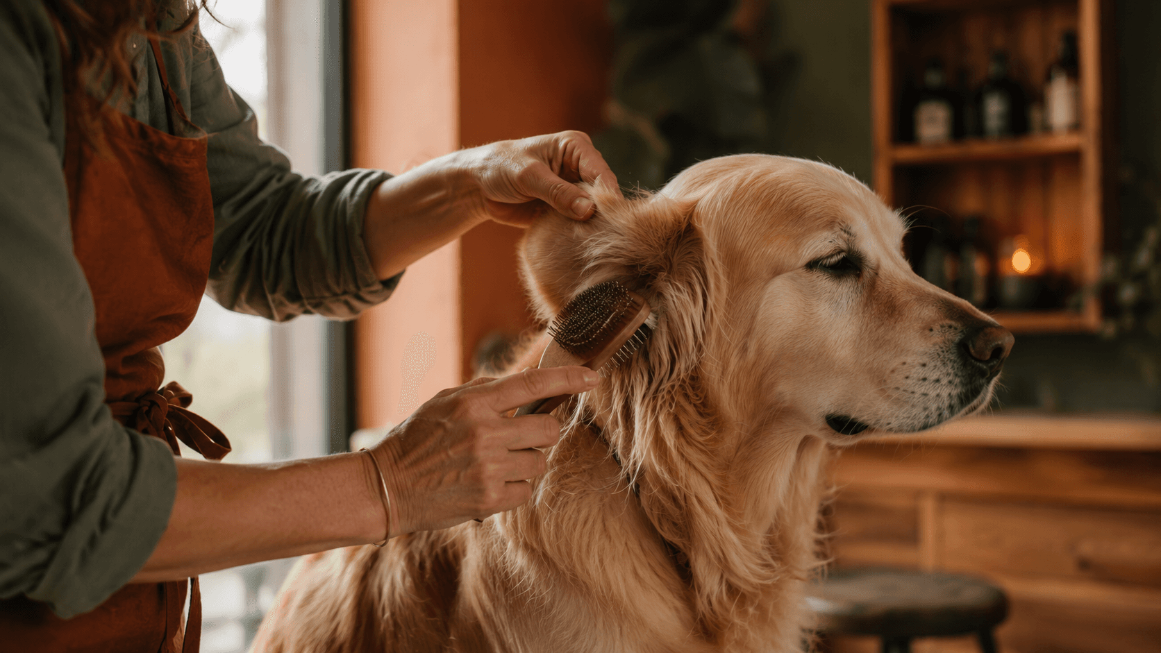 A groomer's hands carefully brushing a golden retriever's ear in soft natural light